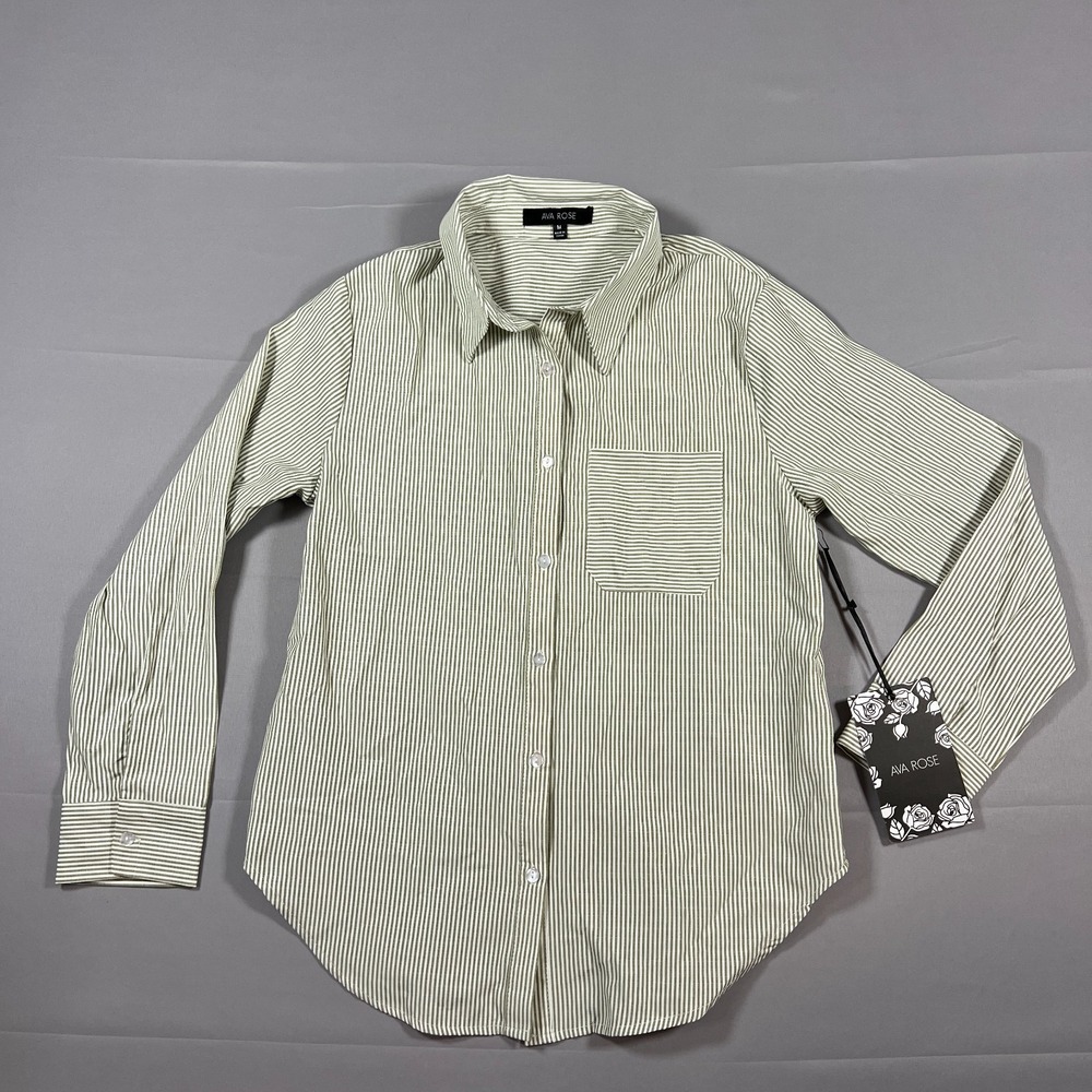 Ava Rose Shirt Womens Medium White Green Stripe Cotton Bow Detail Back Button Up